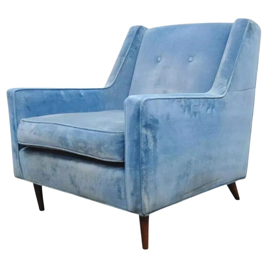 Vintage Mid Century Modern Walnut Frame Blue Club Lounge Chair after Paul McCobb For Sale