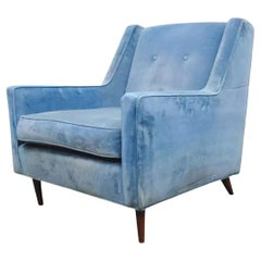 Vintage Mid Century Modern Walnut Frame Blue Club Lounge Chair after Paul McCobb