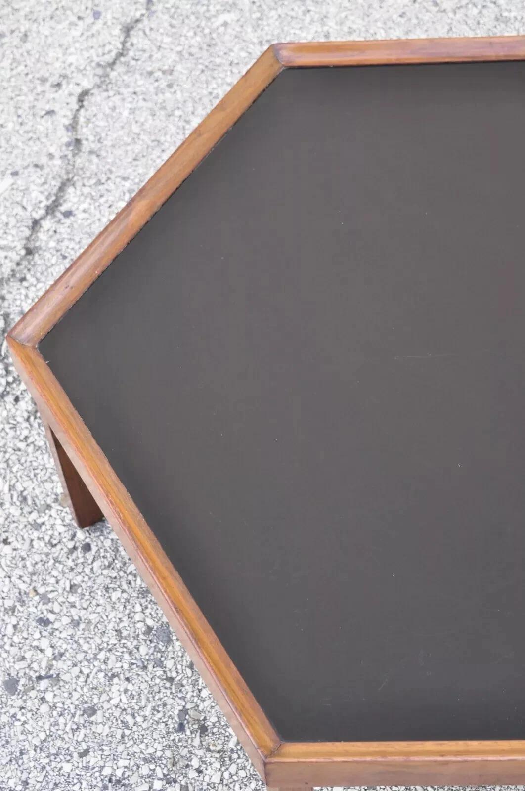 Vintage Mid Century Modern Walnut Hexagonal Coffee Table with Black Masonite Top In Good Condition For Sale In Philadelphia, PA