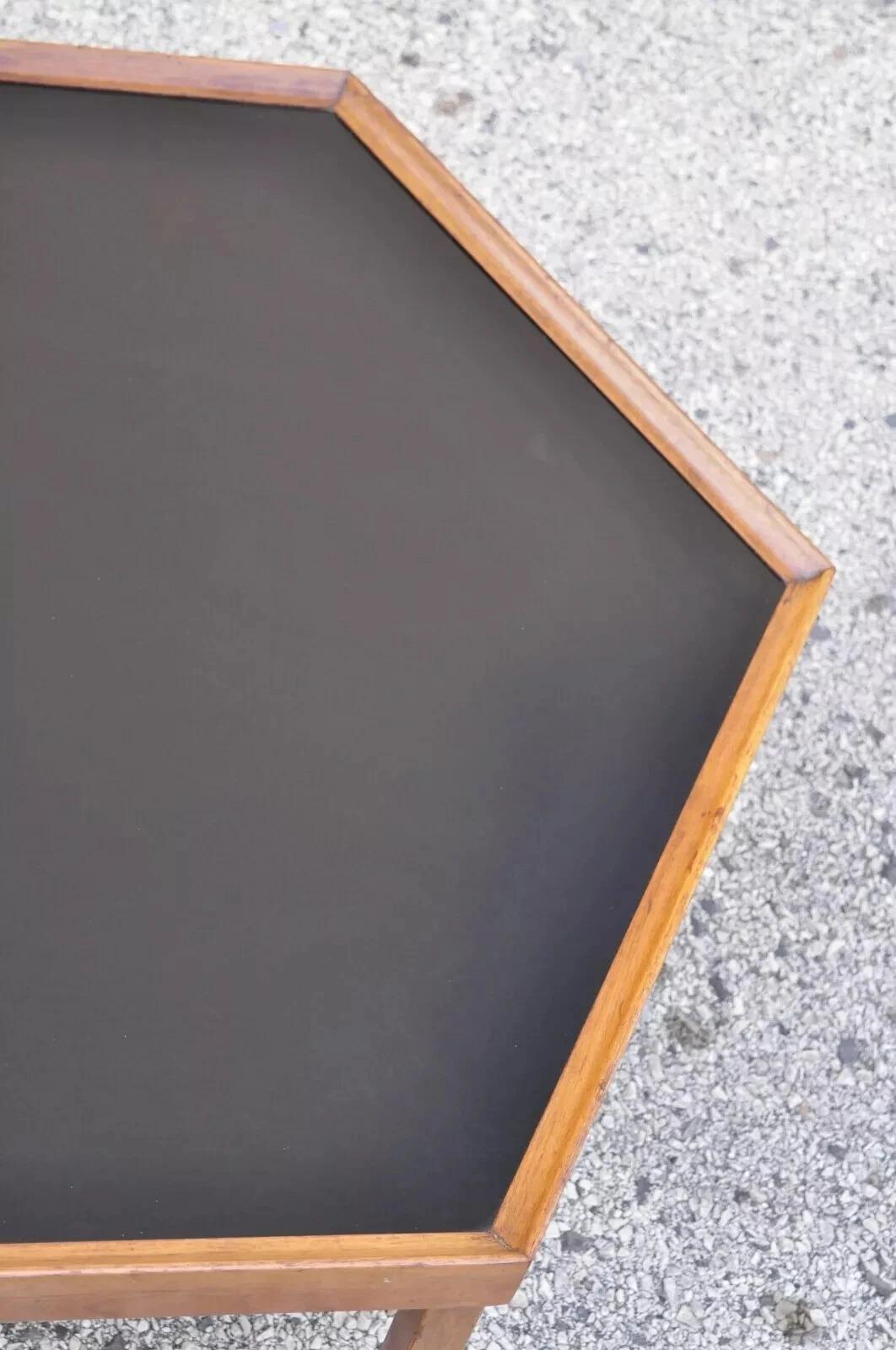 20th Century Vintage Mid Century Modern Walnut Hexagonal Coffee Table with Black Masonite Top For Sale