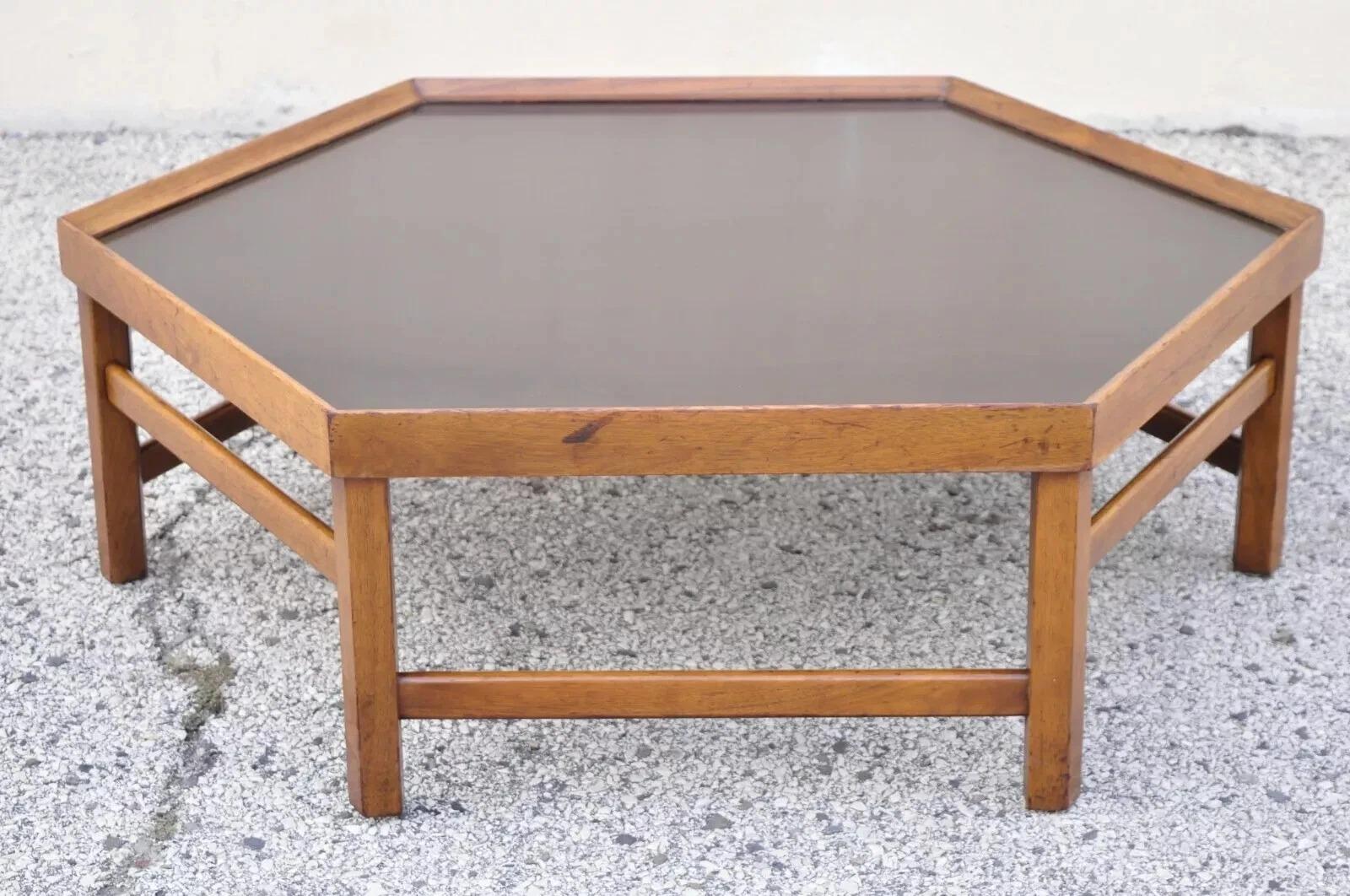 Vintage Mid Century Modern Walnut Hexagonal Coffee Table with Black Masonite Top For Sale 1