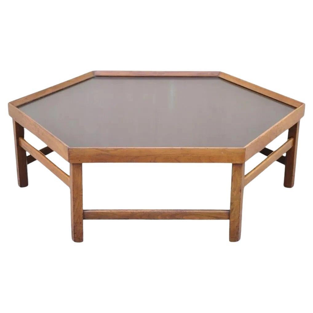 Vintage Mid Century Modern Walnut Hexagonal Coffee Table with Black Masonite Top For Sale