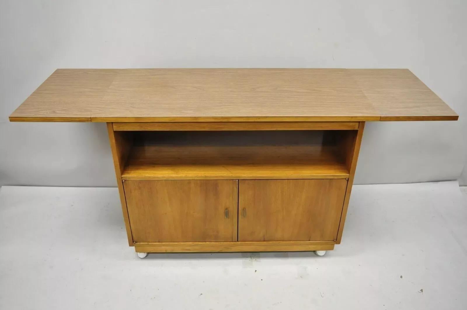 Mid-Century Modern Vintage Mid Century Modern Walnut Laminate Top Rolling Drop Leaf Bar Cart Server For Sale
