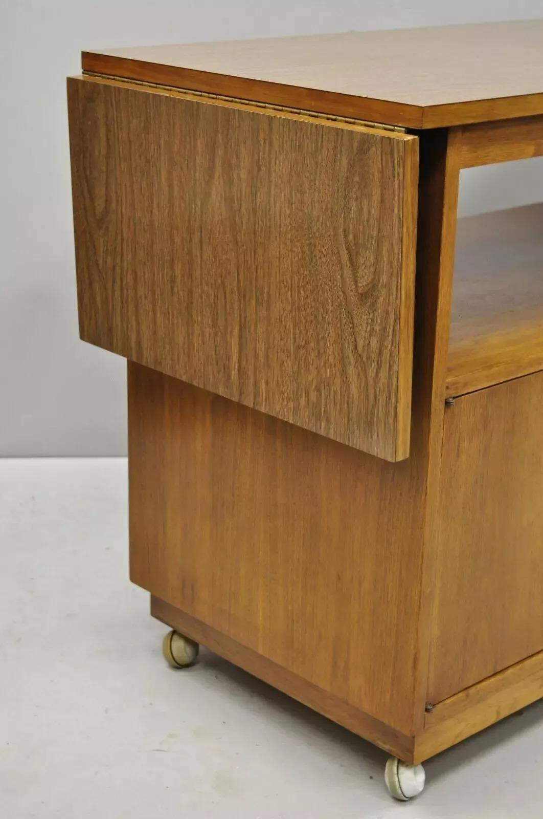 20th Century Vintage Mid Century Modern Walnut Laminate Top Rolling Drop Leaf Bar Cart Server For Sale