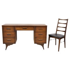 Used Mid Century Modern Walnut Sculpted Legs Kneehole Desk & Chair - 2 Pc Set