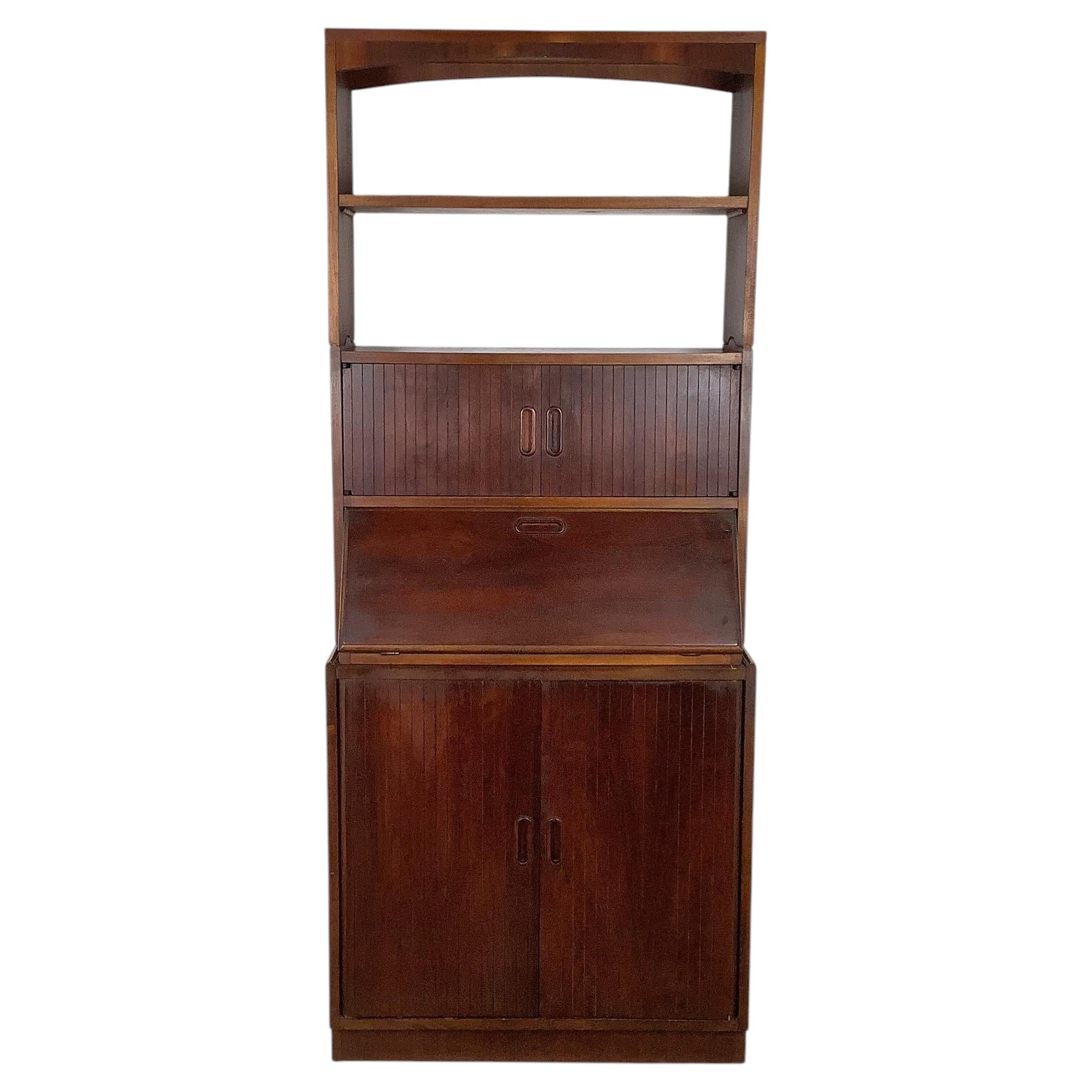 Vintage Mid-Century Modern Walnut Secretary Bookcase Cabinet, Louvered Doors