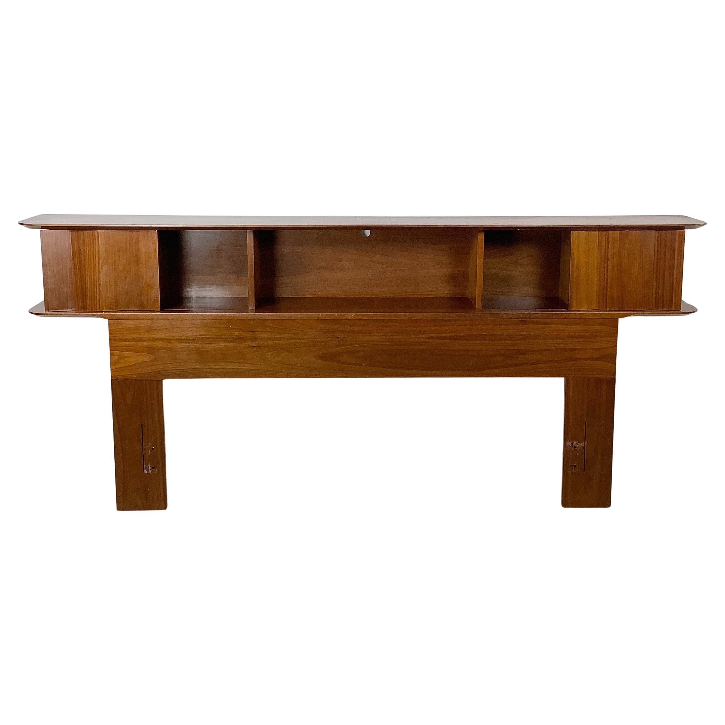 Vintage Mid-Century Modern Walnut Storage Headboard with Open Shelving