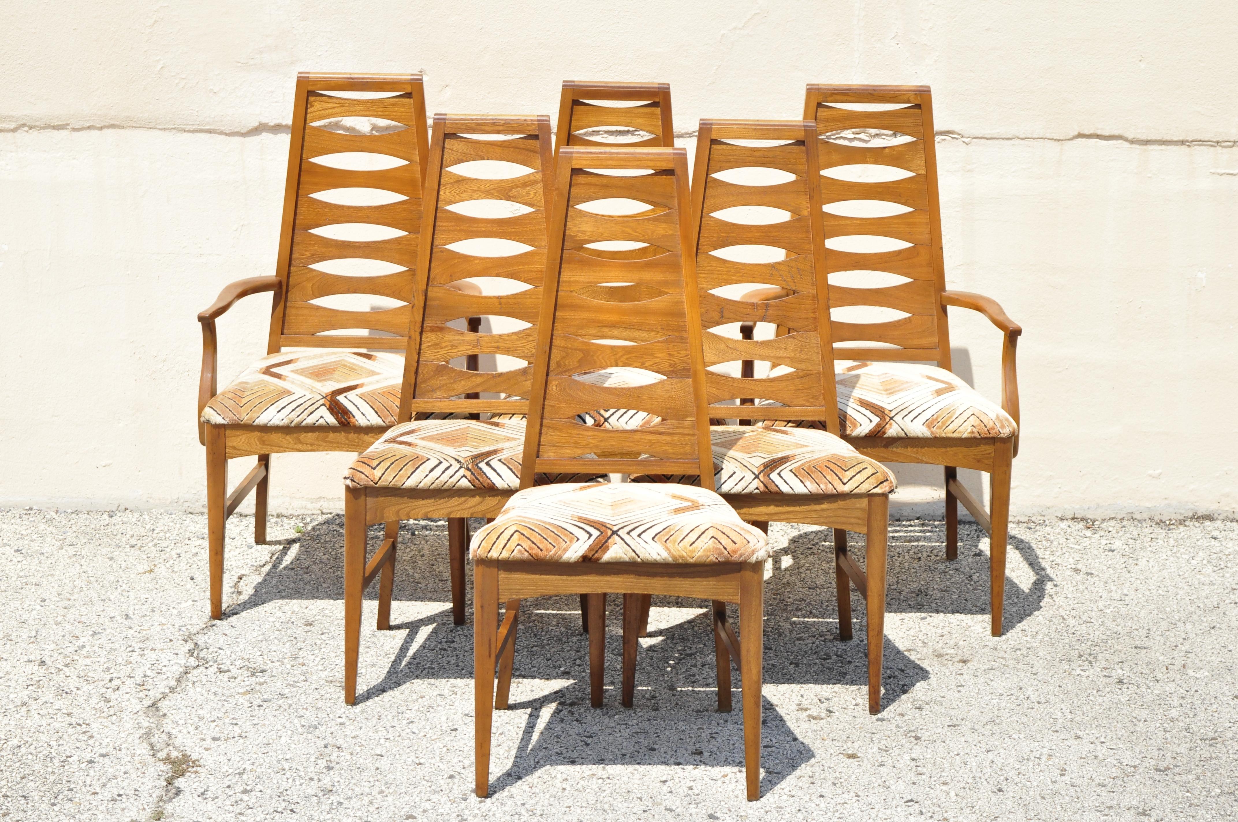 Vintage Mid Century Modern Walnut Tall Ladder Back Dining Chairs - Set of 6. Set includes (2) arm chairs, (4) side chairs, tapered ladder backs, beautiful wood grain, tapered legs, clean modernist lines, quality American craftsmanship. Circa Mid