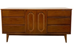 Vintage Mid Century Modern Walnut Toned Credenza with Cane Door Front.