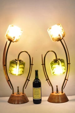 Vintage Mid Century Modern Walnut Tulip Flower Glass Shade Table Lamps - a Pair