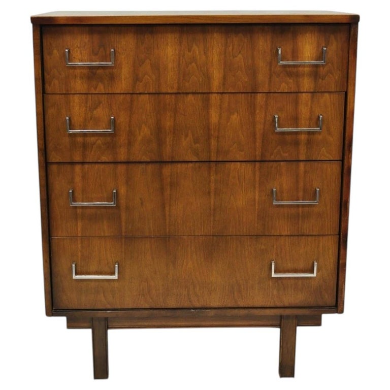 Vintage Mid Century Modern Walnut Veneer 4 Drawer Chrome Pull Tall Chest Dresser