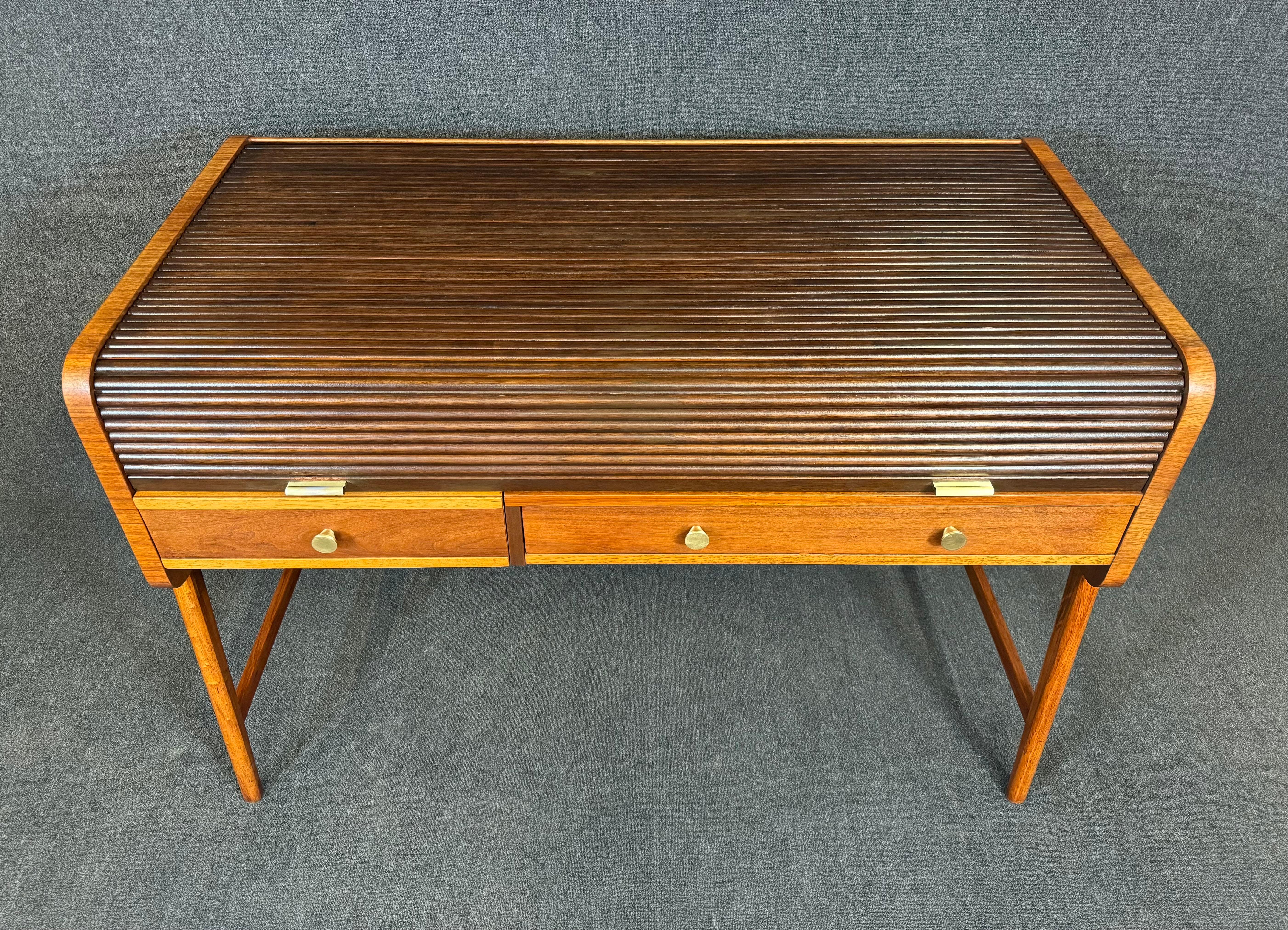 Woodwork Vintage Mid Century Modern Walnut Writing Desk With Roll Top by Sligh-Lowry For Sale