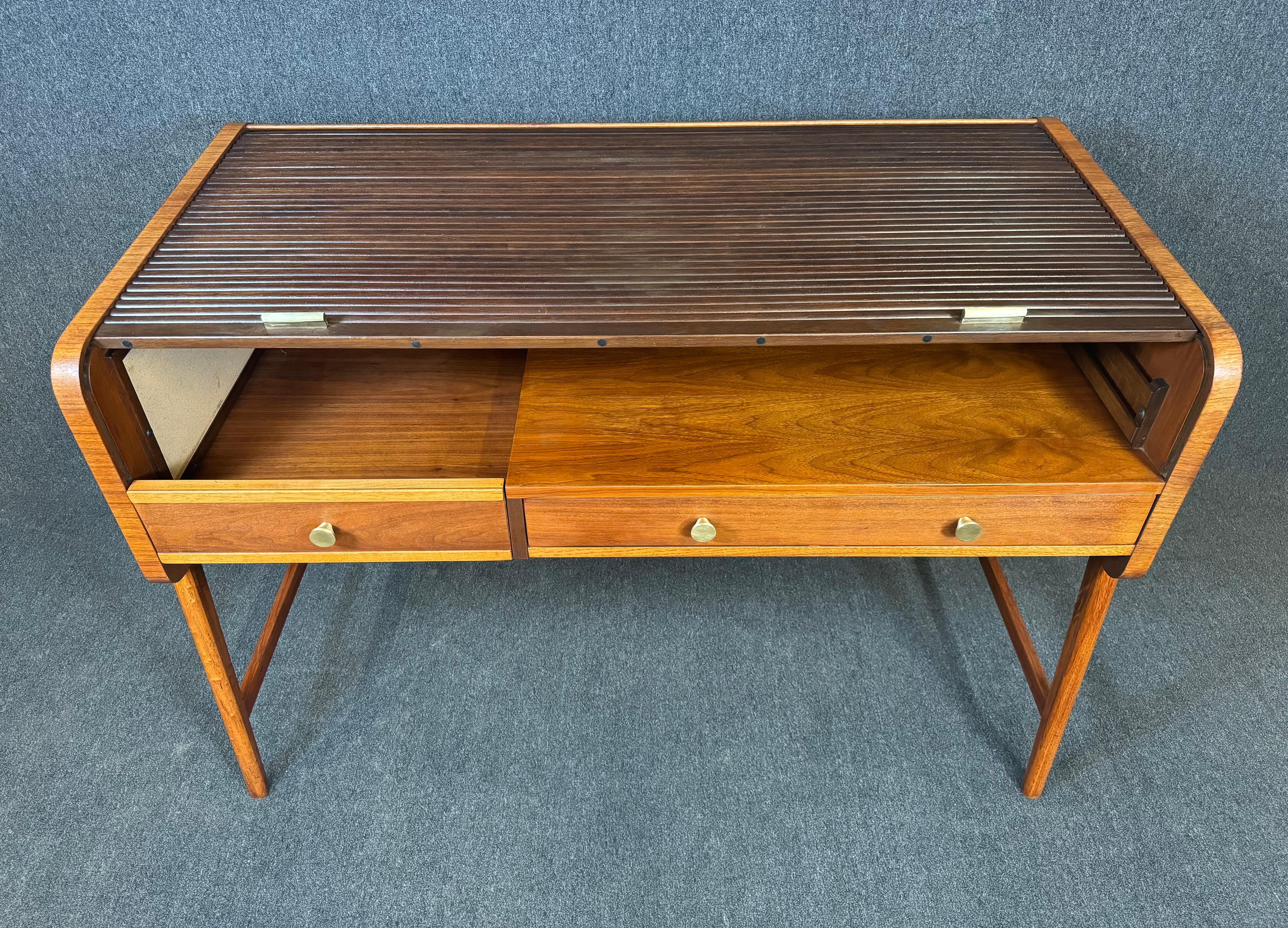 Mid-20th Century Vintage Mid Century Modern Walnut Writing Desk With Roll Top by Sligh-Lowry For Sale
