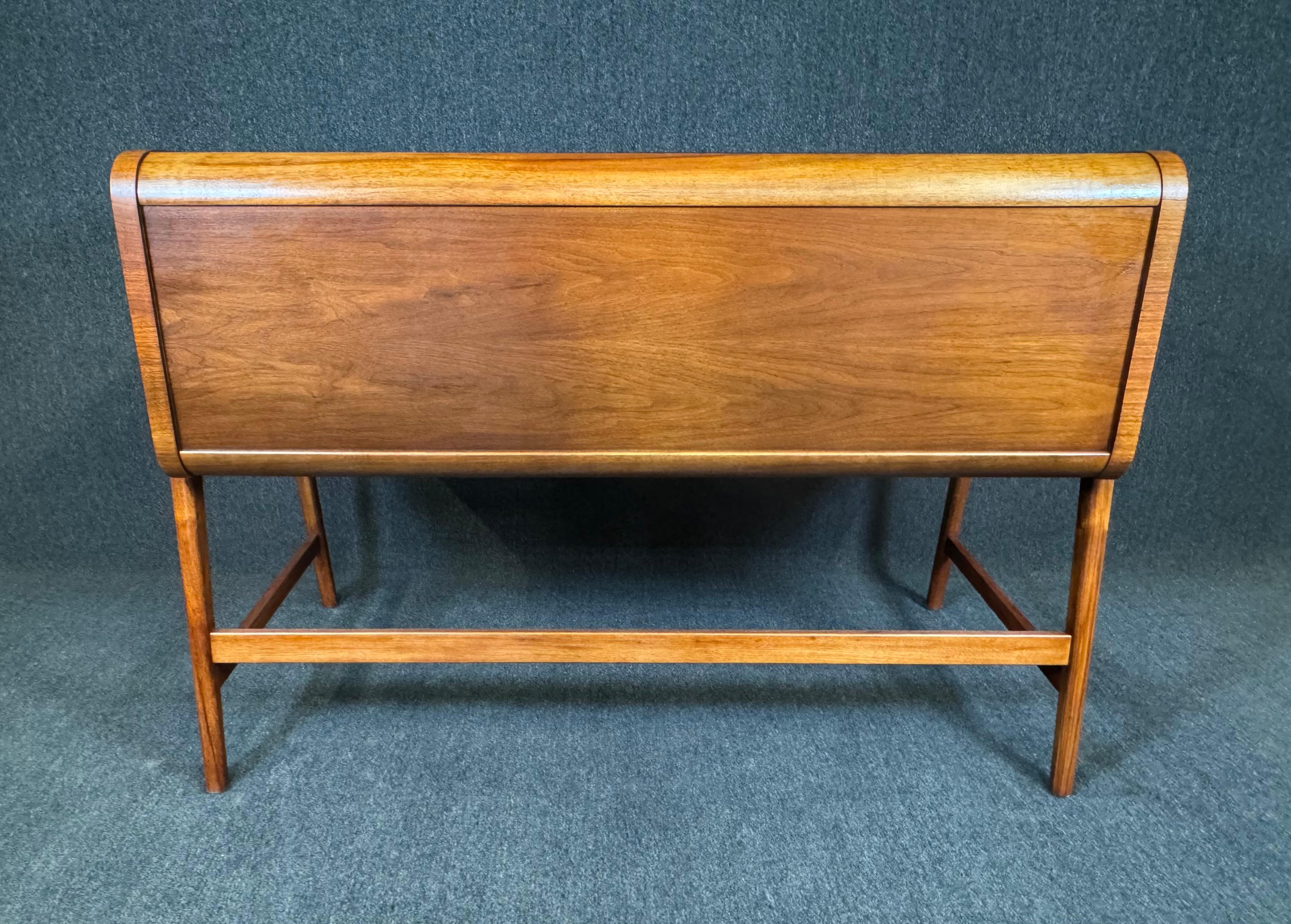 Vintage Mid Century Modern Walnut Writing Desk With Roll Top by Sligh-Lowry For Sale 1