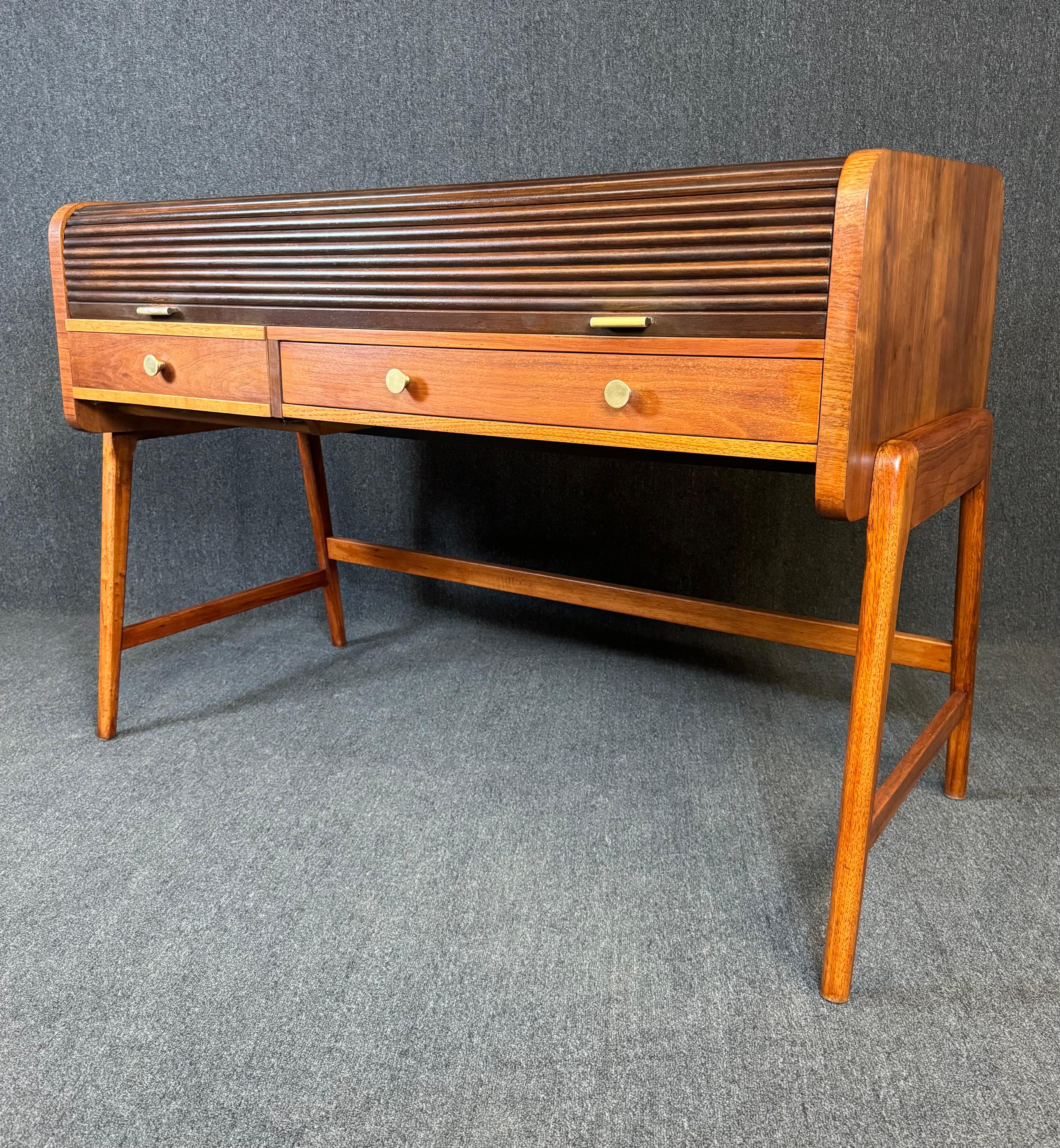 Vintage Mid Century Modern Walnut Writing Desk With Roll Top by Sligh-Lowry For Sale 2