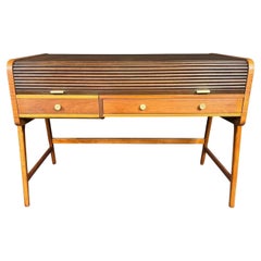 Vintage Mid Century Modern Walnut Writing Desk With Roll Top by Sligh-Lowry