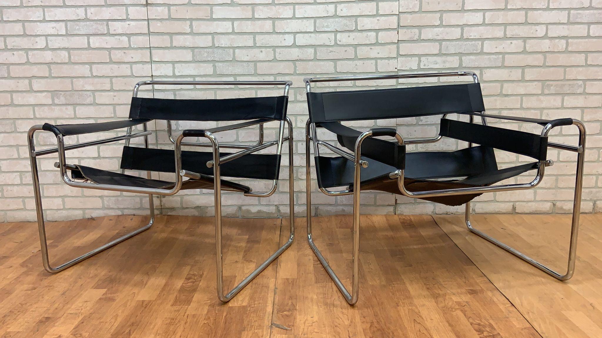Vintage Mid Century Modern Wassily Armchair Attributed to Marcel Breuer - Pair 

The Vintage Mid Century Modern Wassily Armchair Pair, attributed to Marcel Breuer, is a striking representation of mid-century design excellence. These lounge chairs,