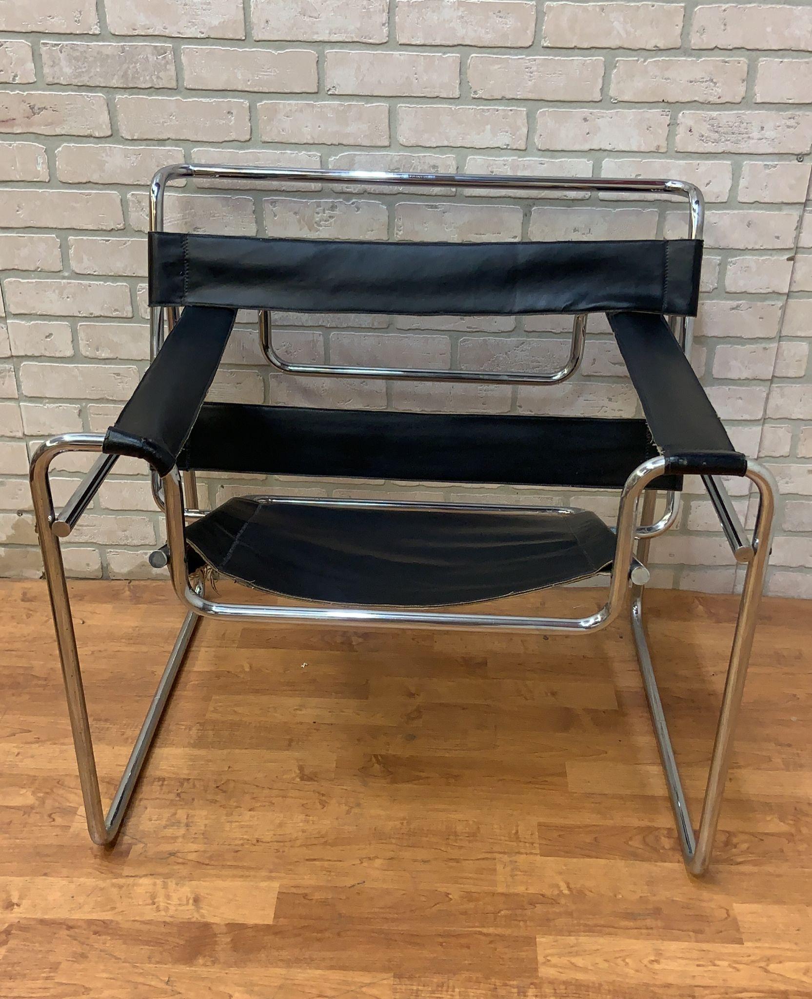 Hand-Crafted Vintage Mid Century Modern Wassily Armchair Attributed to Marcel Breuer - Pair  For Sale