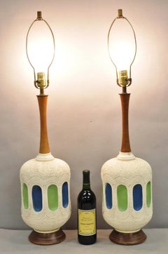Vintage Mid Century Modern White Blue Ceramic Pottery Teak Table Lamps - a Pair