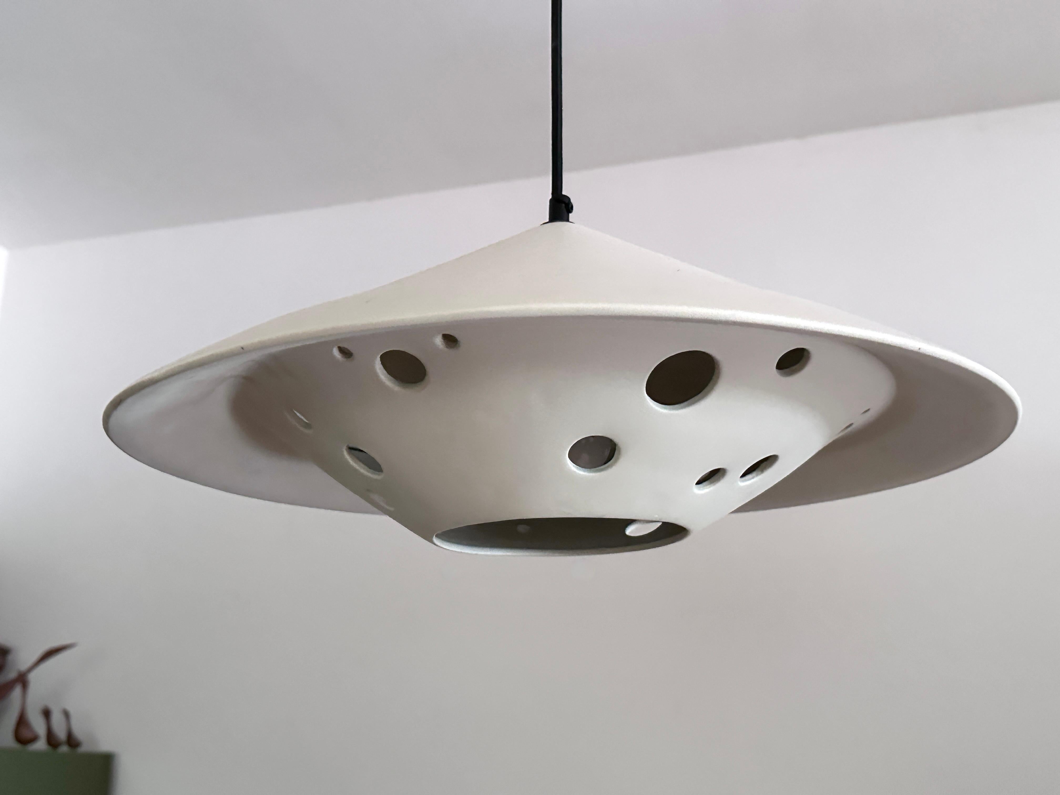 20th Century Vintage Mid Century Modern White Ceramic Space Age UFO Saucer Pendant Lamp 1970s For Sale