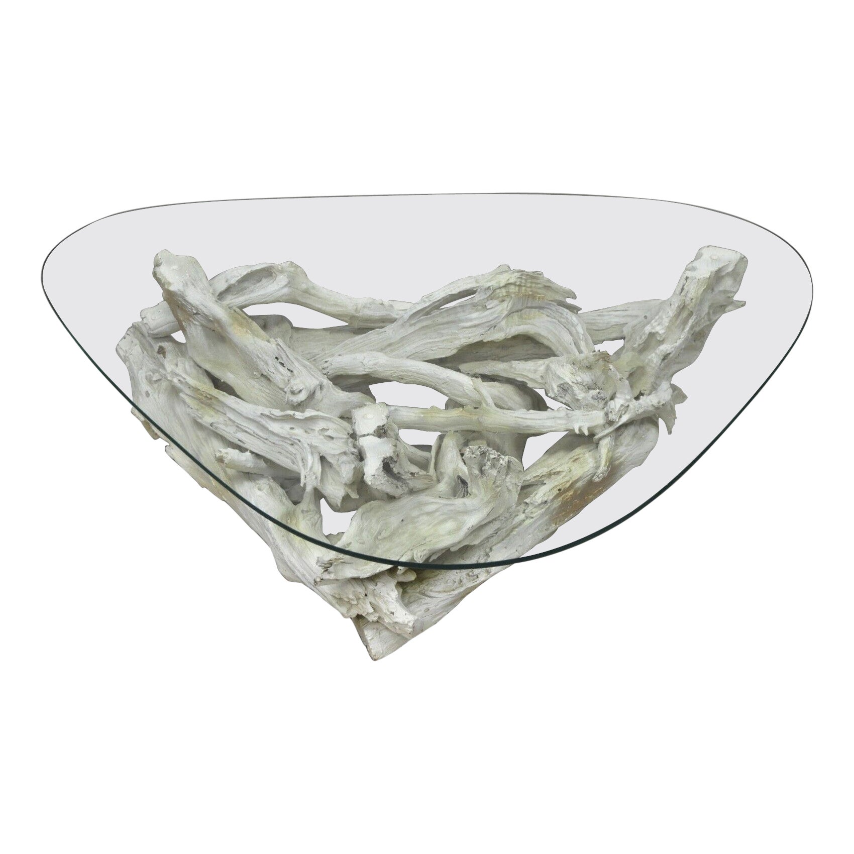 Mesa de centro vintage de mediados de siglo con base de madera de deriva blanca y tapa de cristal