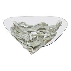 Vintage Mid-Century Modern White Driftwood Base Glass Top Coffee Table