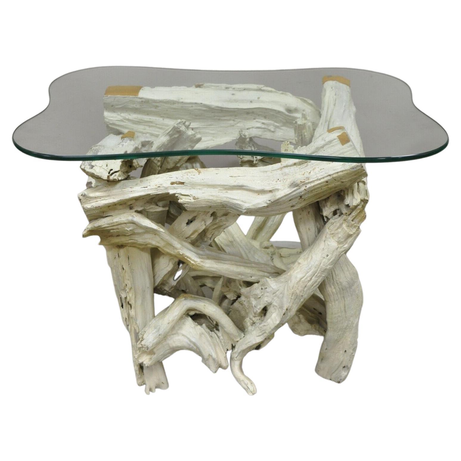 Table d'appoint Vintage Mid Century Modern White Driftwood Base Glass Top Side End Table