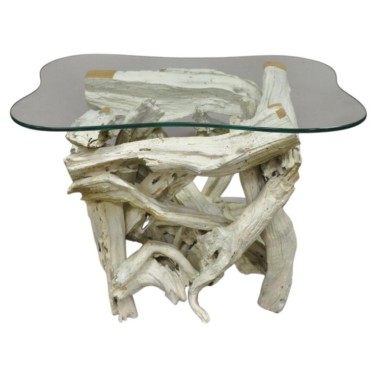 Vintage Mid Century Modern White Driftwood Base Glass Top Side End Table For Sale at 1stDibs