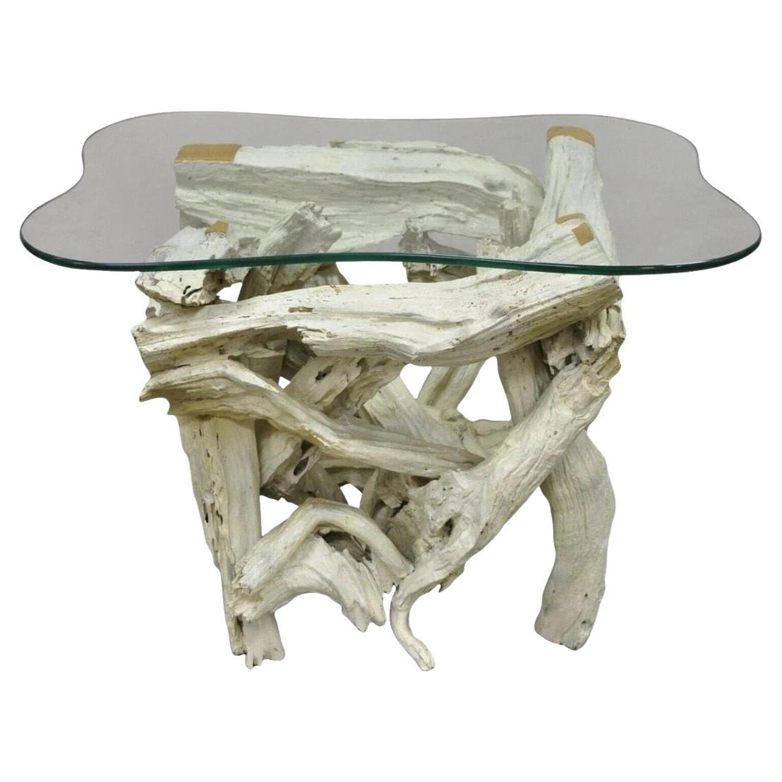 Vintage Mid Century Modern White Driftwood Base Glass Top Side End Table For Sale