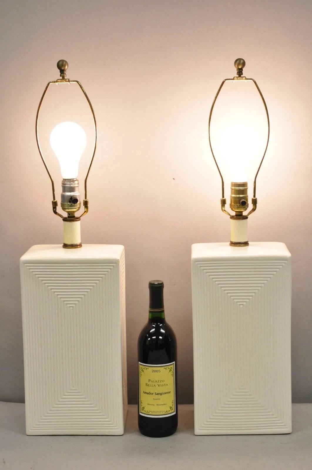 Vintage Mid Century Modern White Geometric Ceramic Cubist Table Lamps - a Pair. Circa Mid 20th Century. Measurements: 28