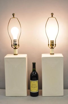 Vintage Mid Century Modern White Geometric Ceramic Cubist Table Lamps - a Pair