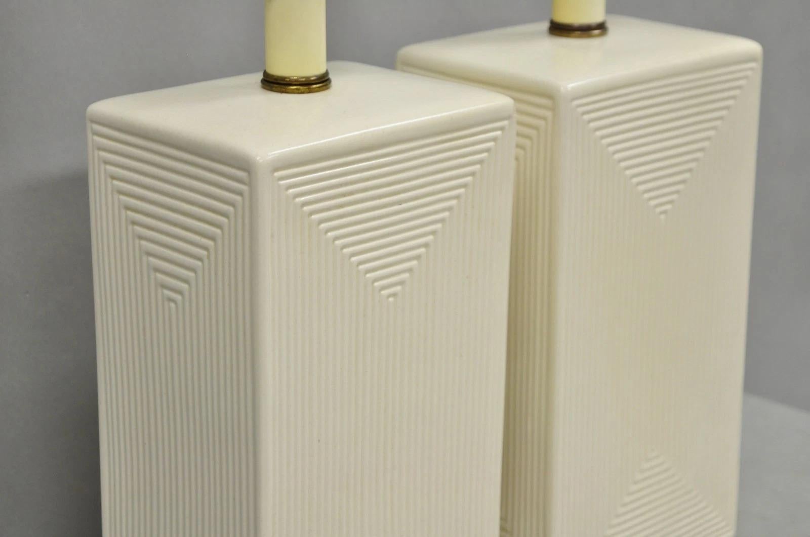 Unknown Vintage Mid Century Modern White Geometric Ceramic Cubist Table Lamps - a Pair For Sale