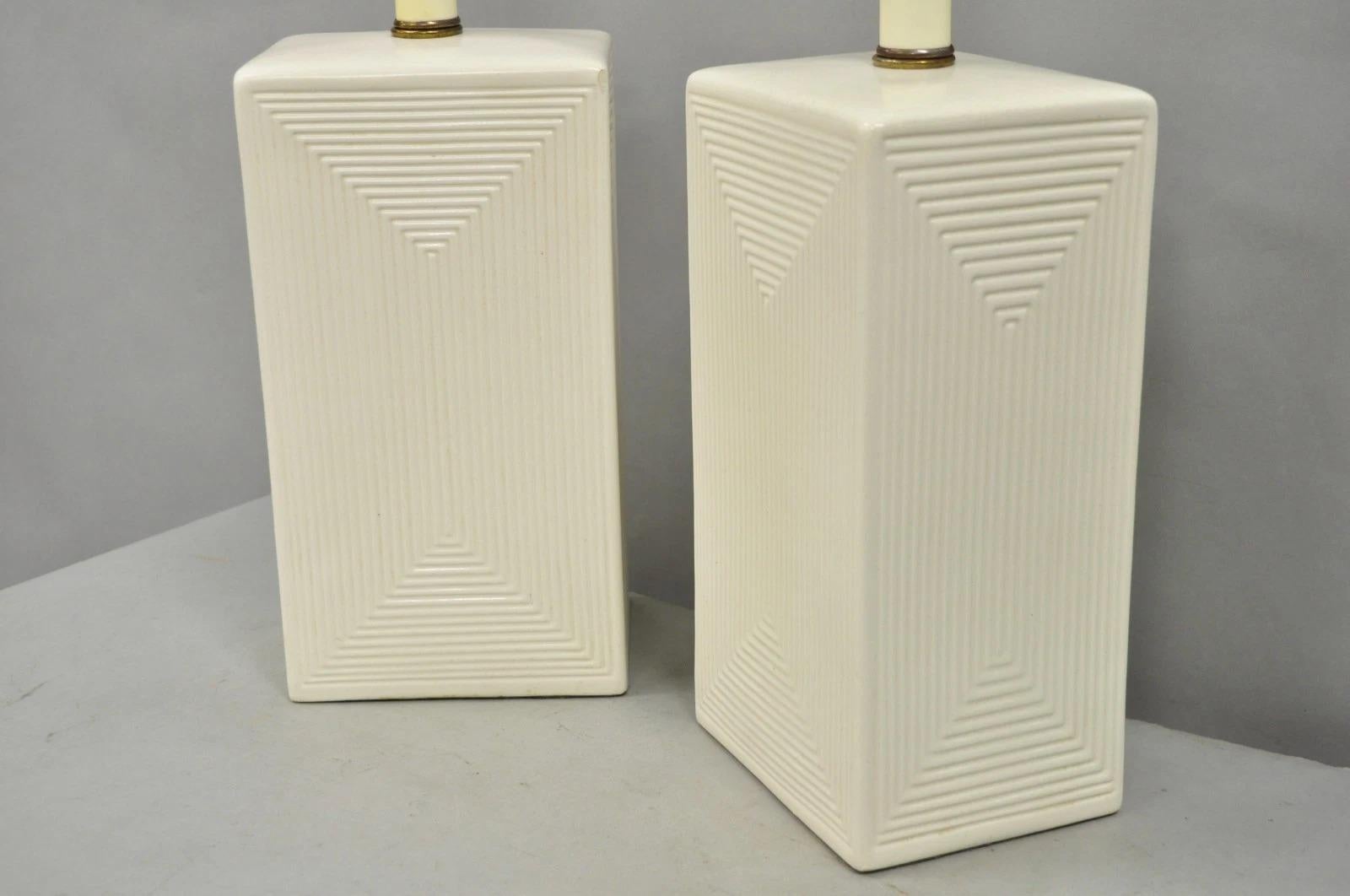 20th Century Vintage Mid Century Modern White Geometric Ceramic Cubist Table Lamps - a Pair For Sale
