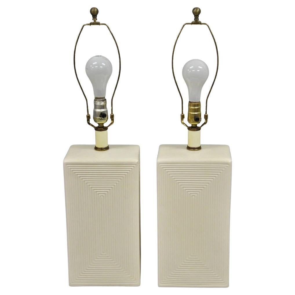 Vintage Mid Century Modern White Geometric Ceramic Cubist Table Lamps - a Pair For Sale