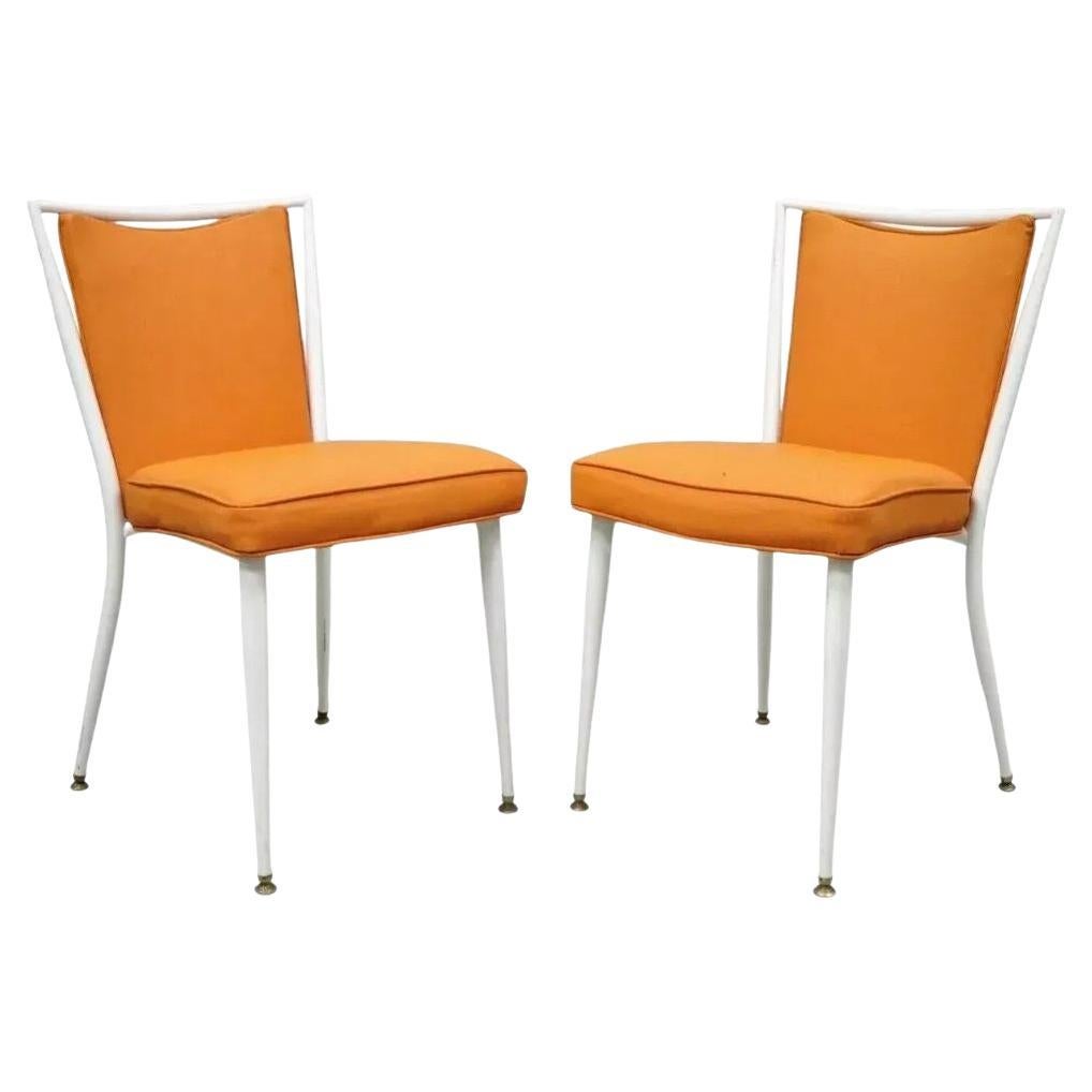 Vintage Mid Century Modern White Steel Metal Orange Dining Side Chairs - a Pair