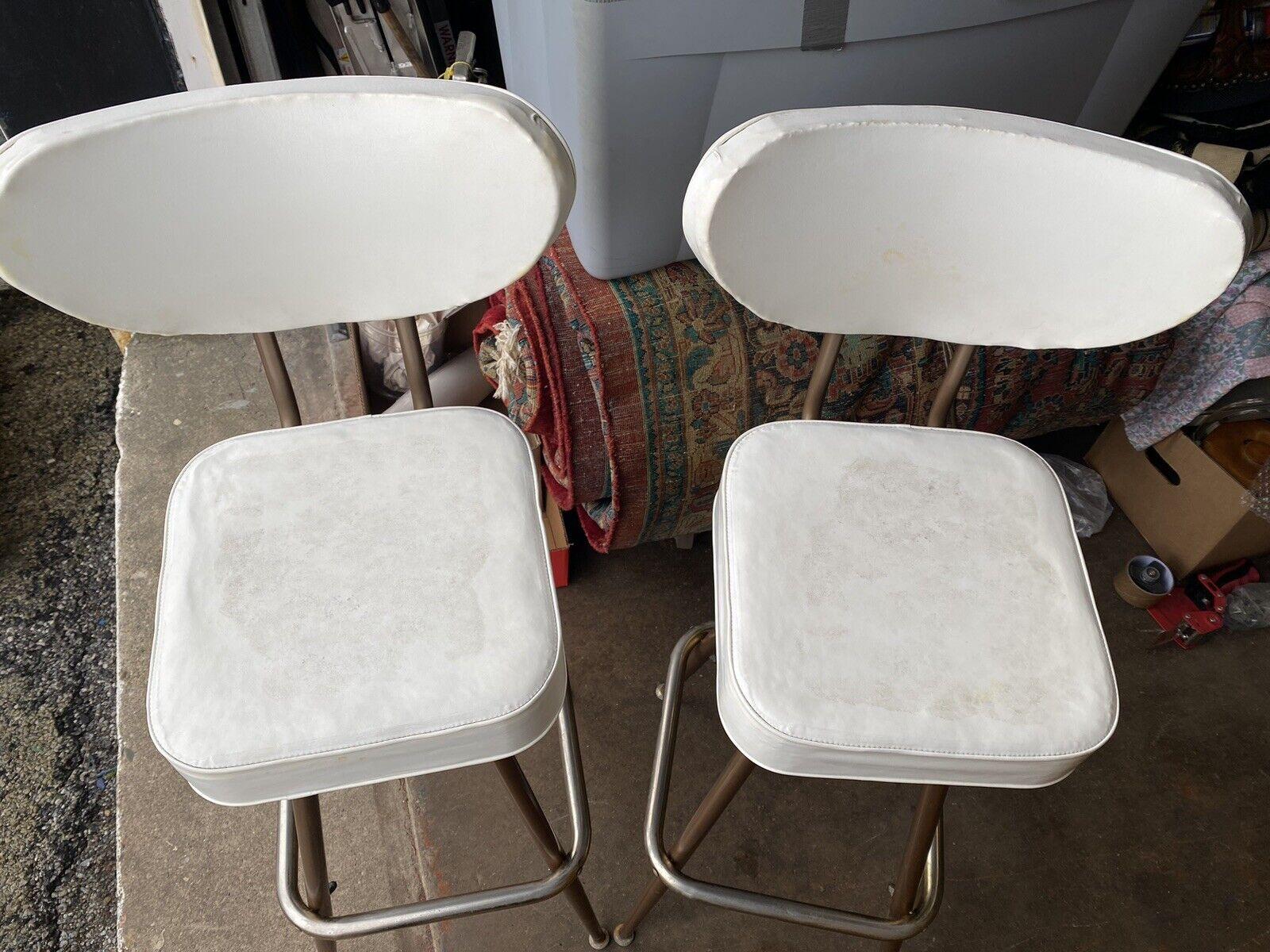 Metal Vintage Mid-Century Modern White Vinyl Swivel Seat Bar Stools, Set of 6