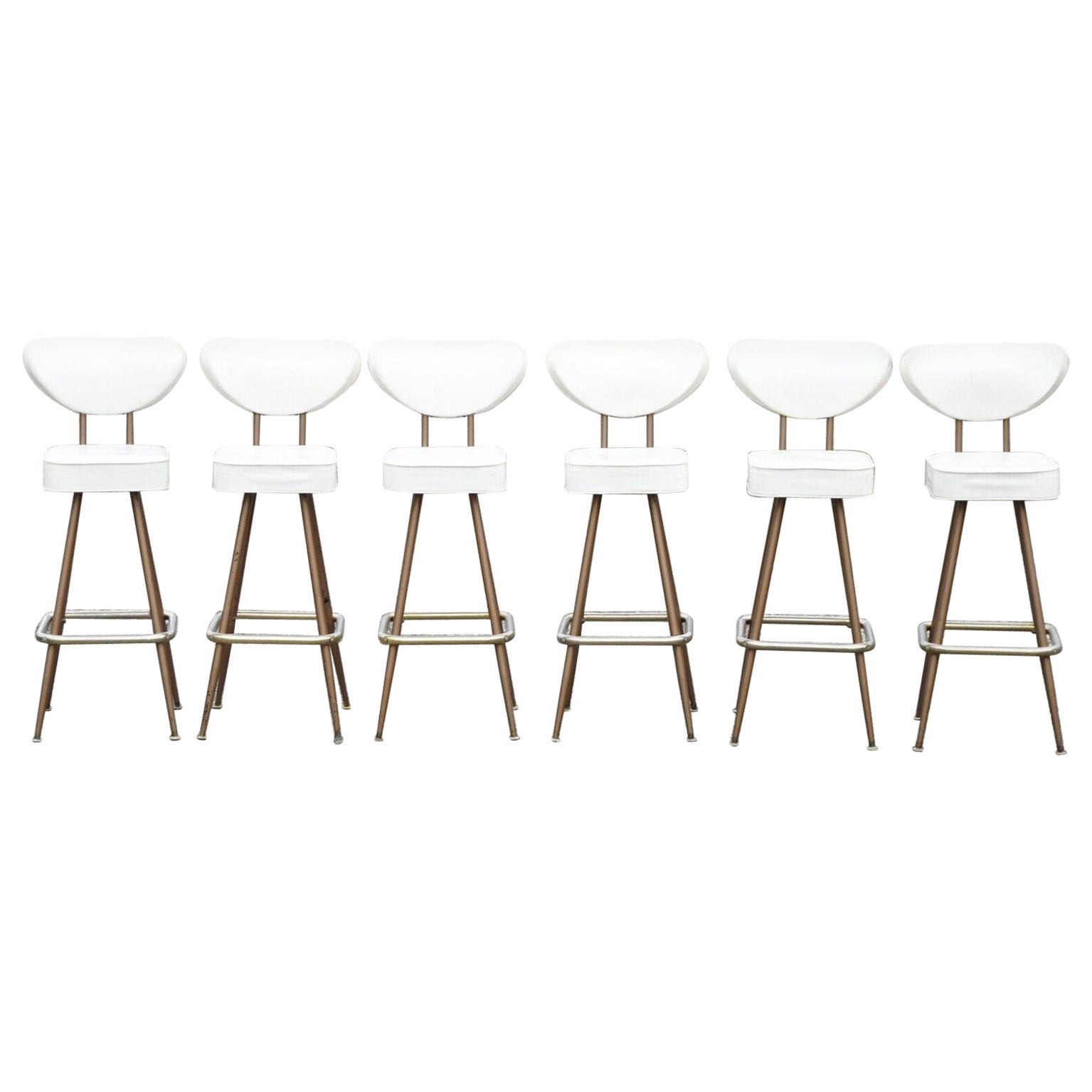 Vintage Mid-Century Modern White Vinyl Swivel Seat Bar Stools, Set of 6