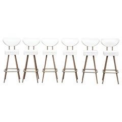 Vintage Mid-Century Modern White Vinyl Swivel Seat Bar Stools, Set of 6