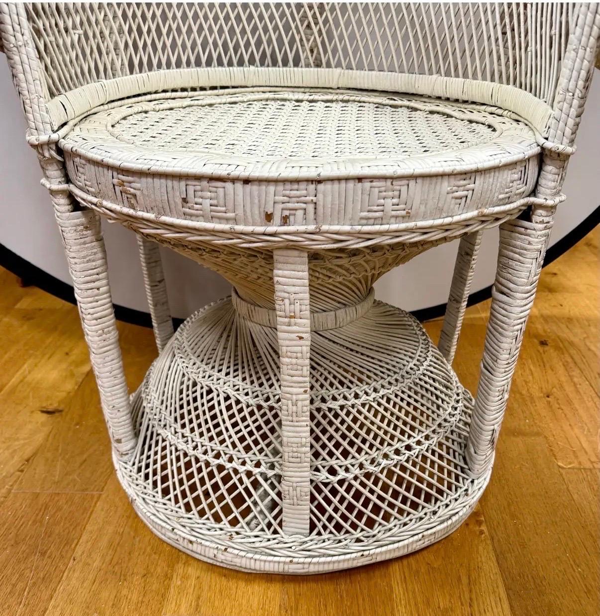 Mid-Century Modern Vintage Mid Century Modern White Wicker Throne Peacock Chair Wingback For Sale