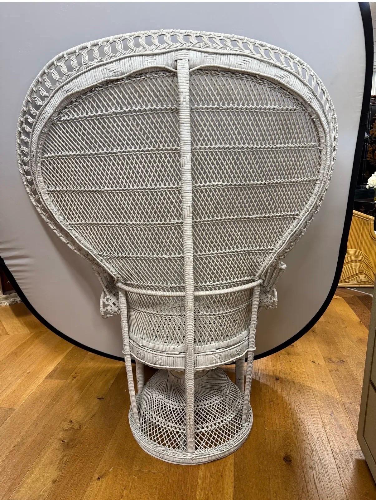 Philippine Vintage Mid Century Modern White Wicker Throne Peacock Chair Wingback For Sale