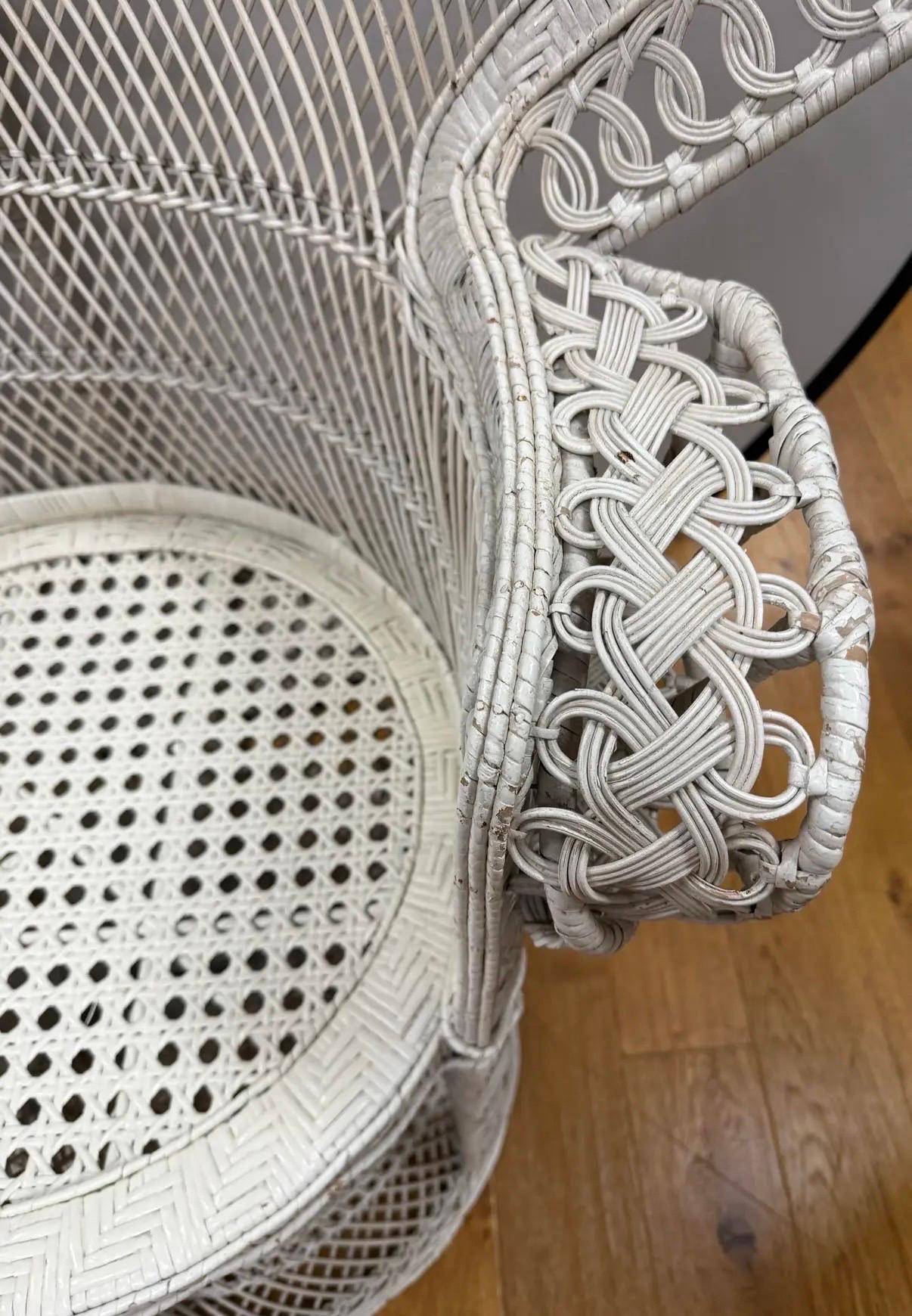 Mid-20th Century Vintage Mid Century Modern White Wicker Throne Peacock Chair Wingback For Sale
