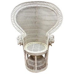 Vintage Mid Century Modern White Wicker Throne Peacock Chair Wingback