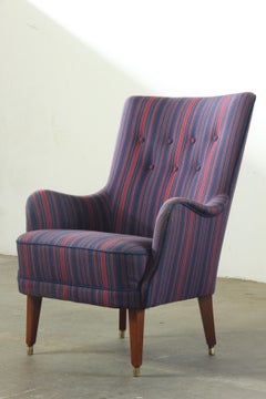 Vintage Mid-Century Modern Wingback Armchair in Striped Upholstery, 1950s