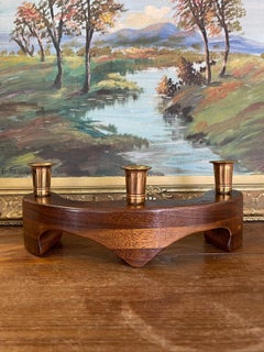 Vintage Mid-Century Modern Wood and Brass Toned 3-Light Decorative Candle Holder