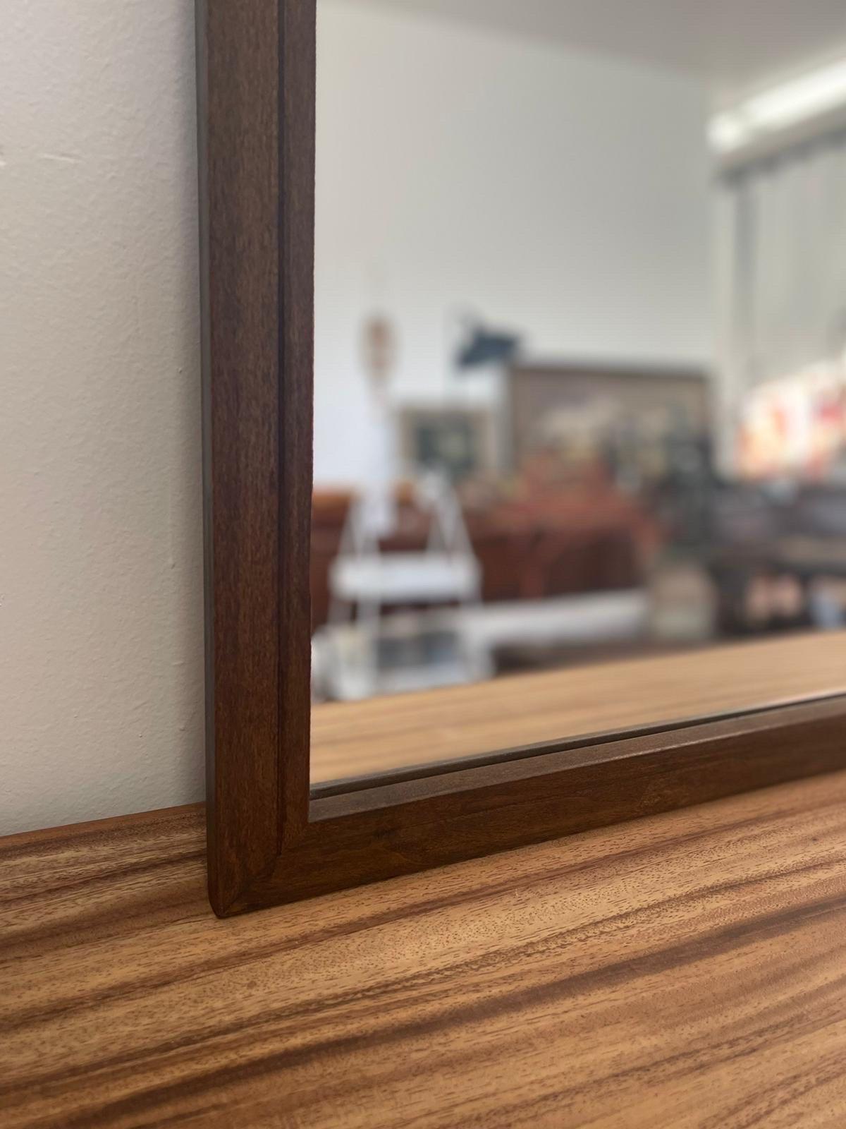 Glass Vintage Mid Century Modern Wood Framed Wall Mirror. For Sale