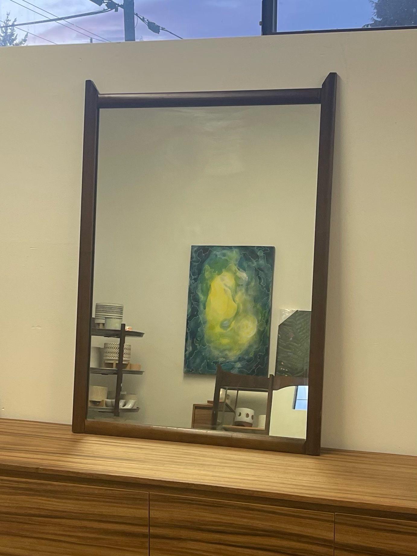 Vintage Mid Century Modern Wooden Framed Mirror With Sculpted Edge Top In Good Condition For Sale In Seattle, WA