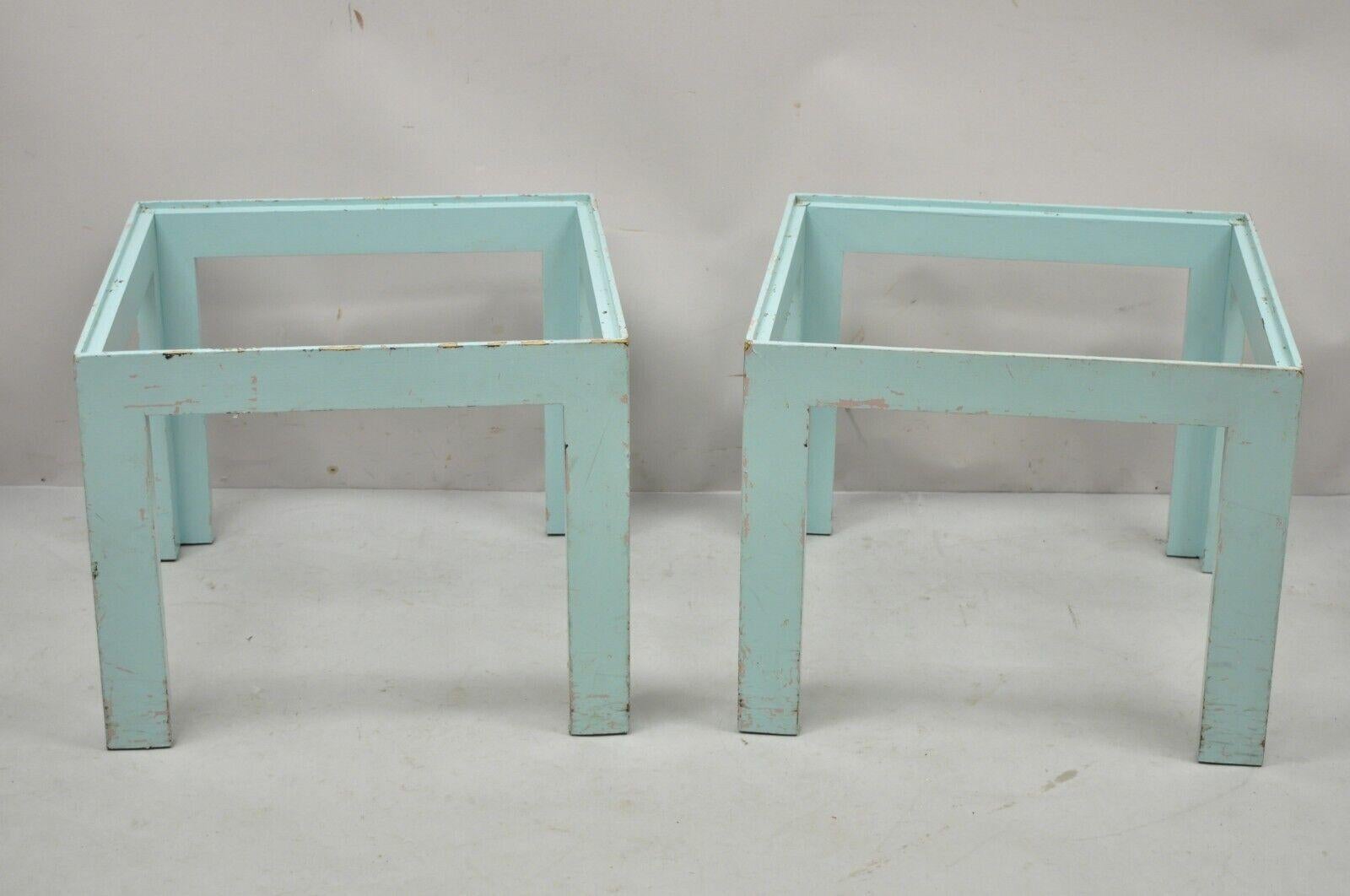 Vintage Mid-Century Modern wooden low side end table blue paint - a pair. Item features solid wood frame, distressed finish, very nice vintage set, clean modernist lines, no tops. Circa mid 20th Century. Measurements: 15