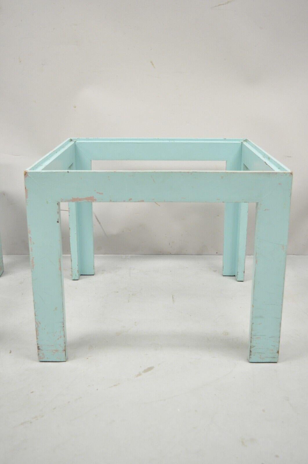 Vintage Mid-Century Modern Wooden Low Side End Table Blue Paint, a Pair In Distressed Condition For Sale In Philadelphia, PA