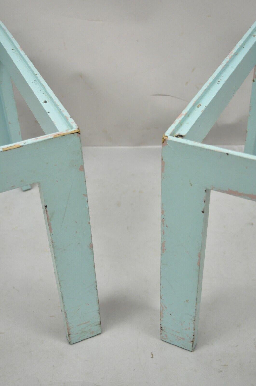 20th Century Vintage Mid-Century Modern Wooden Low Side End Table Blue Paint, a Pair