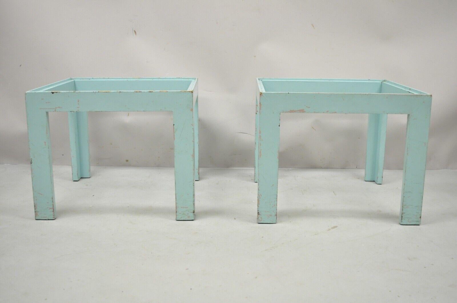 Vintage Mid-Century Modern Wooden Low Side End Table Blue Paint, a Pair For Sale 4